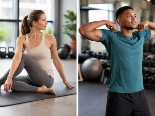 Mujer en yoga para movilidad articular piernas, hombre mostrando bíceps en gimnasio.