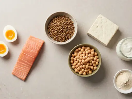 Huevos, salmón, lentejas, garbanzos, tofu, yogur y proteína en polvo. Variedad de alimentos para saber cuanta proteína consumir al día.