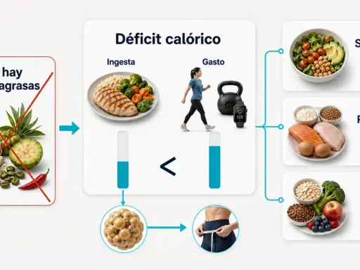 Ilustración sobre déficit calórico: menos ingesta que gasto, sin "quemagrasas", promoviendo saciedad, proteína y fibra para reducir grasa corporal.