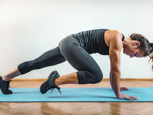 Mujer haciendo mountain climbers en una esterilla azul.