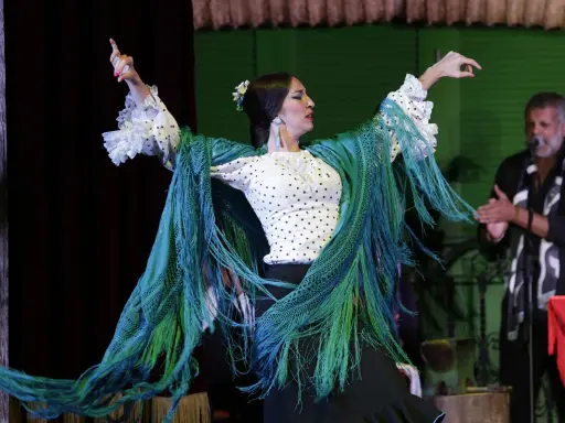 Bailarina de flamenco con mantón verde vibrante, sus movimientos evocan frases flamenco. Un hombre aplaude al fondo.