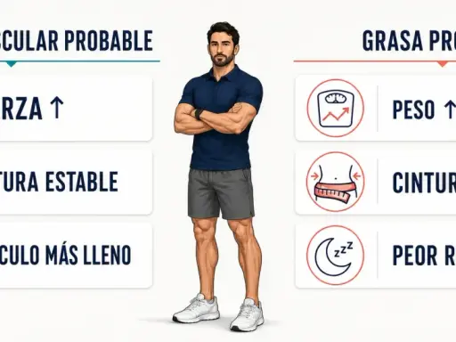 ¿Cómo saber si estoy ganando masa muscular o grasa? Señales: fuerza y músculo lleno vs. peso y cintura subiendo rápido.