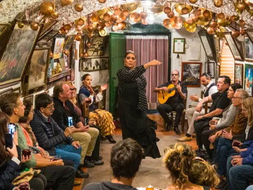 Una bailaora de flamenco, con un vestido negro de lunares, actúa en un local íntimo donde se baila flamenco. Un guitarrista la acompaña.