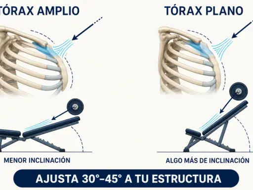 Press inclinado que trabaja con diferente inclinación para tórax amplio y plano. Ajusta el ángulo a tu estructura.