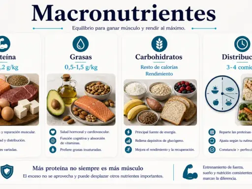Guía de dieta para perder grasa y ganar masa muscular: proteínas, grasas, carbohidratos y distribución de comidas.
