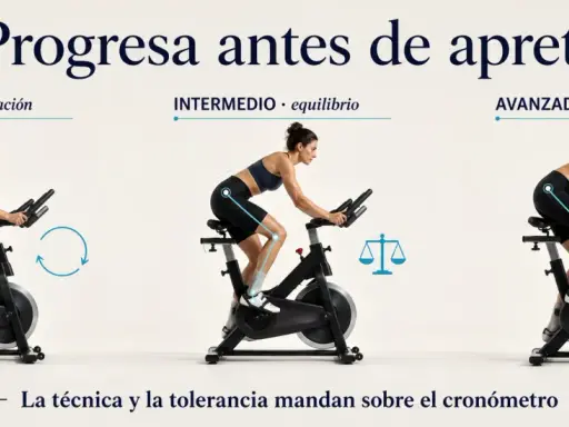 Mujer en bicicleta estática, mostrando progresión en tres niveles: inicial, intermedio y avanzado. Ejemplos de HIIT para mejorar resistencia.