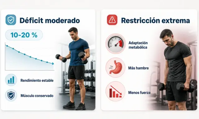 Comparativa: cómo hacer un déficit calórico moderado (10-20%) para rendimiento estable y músculo conservado, vs. restricción extrema con adaptación metabólica, más hambre y menos fuerza.