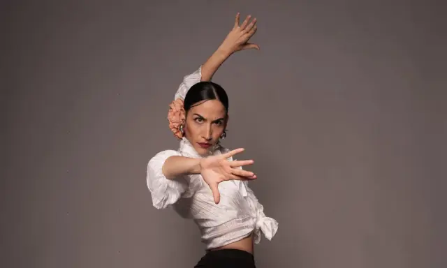 Bailarina de flamenco con flor en el pelo, ejecutando elegantes pasos de flamenco con expresión intensa.