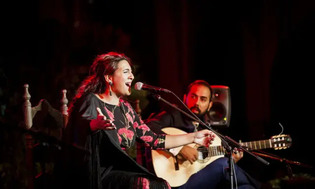 Cantante de flamenco actual, con vestido floral, canta apasionadamente mientras un guitarrista la acompaña.