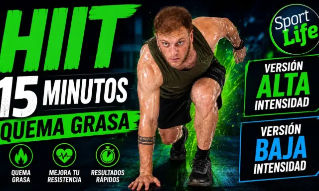 Hombre sudoroso en posición de carrera, listo para un entrenamiento de cardio hiit de 15 minutos. Quema grasa, mejora resistencia.