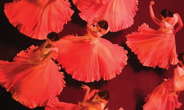 El yiyo bailaor, con faldas amplias y volantes, gira en un espectáculo de danza flamenca.