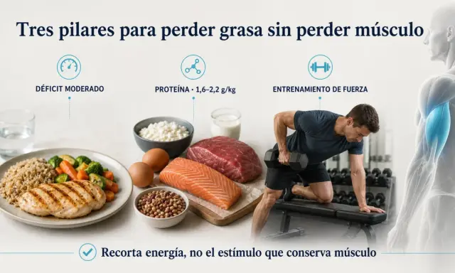 Comida para marcar abdominales: pollo, salmón, carne, huevos, lácteos y frutos secos. Combinado con déficit moderado y entrenamiento de fuerza.