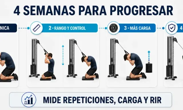 Progresión de 4 semanas para abdominales superiores con polea. Mejora técnica, rango, control, carga y consolida.