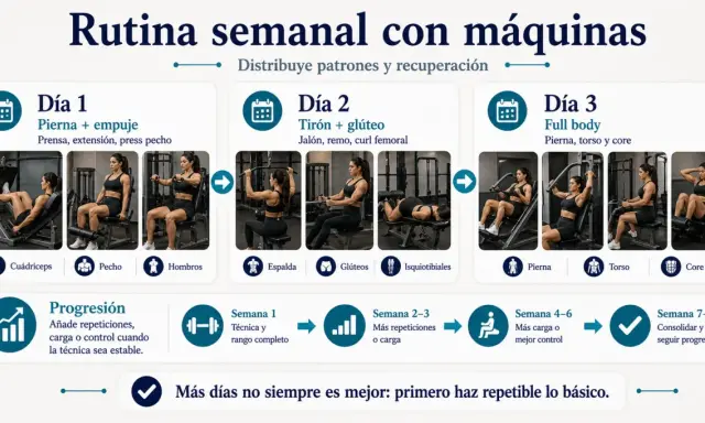 Rutina semanal con máquinas: Día 1 (pierna/empuje), Día 2 (tirón/glúteo), Día 3 (full body). Una mujer realiza ejercicios de pesas.