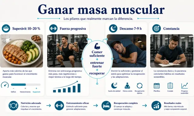 Claves para ganar masa muscular: superávit calórico, entrenamiento de fuerza, descanso y constancia.