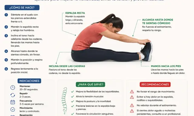 Mujer realizando estiramiento de espalda, tocando sus pies con las manos.