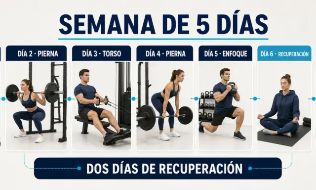 Rutina para perder peso: 5 días de entrenamiento (torso, pierna, torso, pierna, enfoque) y 2 días de recuperación activa y descanso.