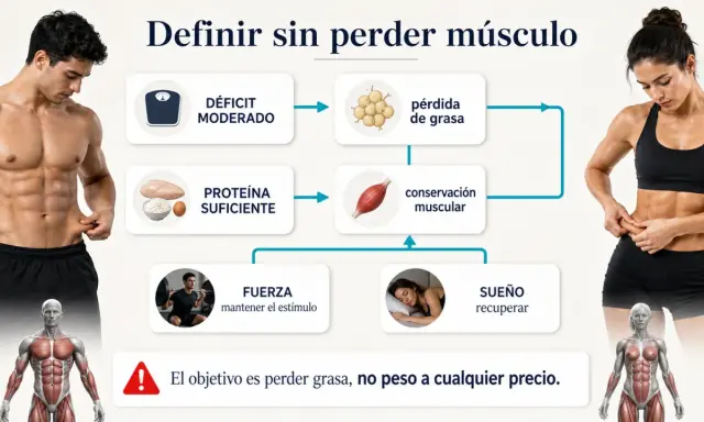 Hombre con cuerpo gym, diagrama sobre cómo definir músculo: déficit moderado, proteína, fuerza y sueño.