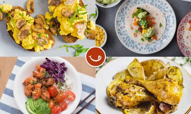 Cuatro opciones de menús diarios saludables: tostadas con huevo y champiñones, tacos, poke bowl y pollo asado con patatas y limón.