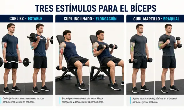 Hombre realizando curl con barra, curl inclinado y curl martillo para estimular el bíceps.