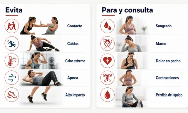Guía de ejercicios para embarazadas: evita contacto, caídas, calor extremo, apnea y alto impacto. Consulta si hay sangrado, mareo, dolor de pecho, contracciones o pérdida de líquido.