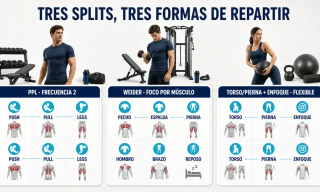Infografía con tres rutinas de entrenamiento: PPL, Weider y Torso/Pierna. Ofrece consejos deportivos para optimizar tu rutina.