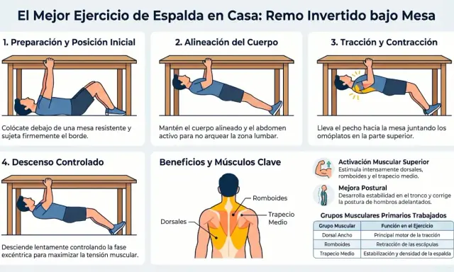 Ilustración de ejercicios de espalda en casa: remo invertido bajo mesa. Muestra preparación, alineación, tracción y descenso controlado.