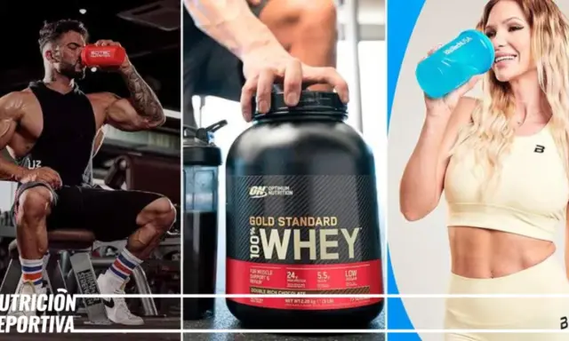 Hombres y mujeres consumiendo proteína antes o después de entrenar. Un hombre musculoso bebe de un shaker, un bote de proteína whey y una mujer bebe de un shaker azul.