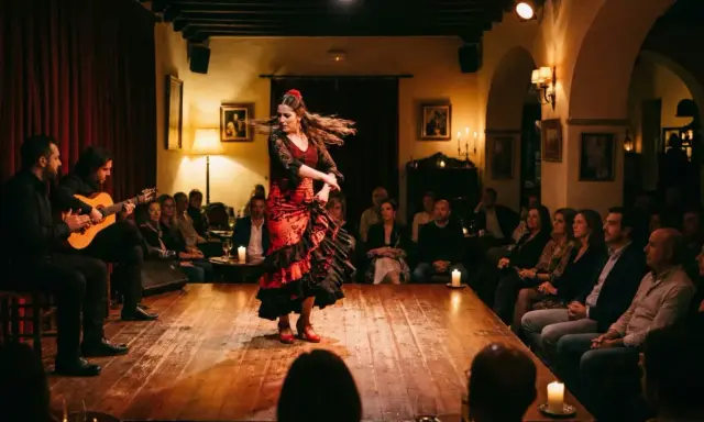 Una bailaora de flamenco en vivo, con un vestido rojo y negro, gira en un escenario de madera. Dos guitarristas la acompañan mientras el público observa.