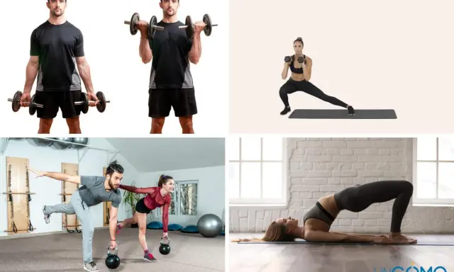 Hombres y mujeres entrenando para estar fuertes: levantando pesas, haciendo zancadas y ejercicios de equilibrio.