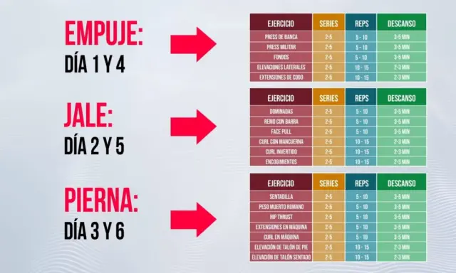 Rutina de gym dividida: Empuje (Día 1 y 4), Jale (Día 2 y 5), Pierna (Día 3 y 6). Incluye ejercicios, series, repeticiones y descanso.