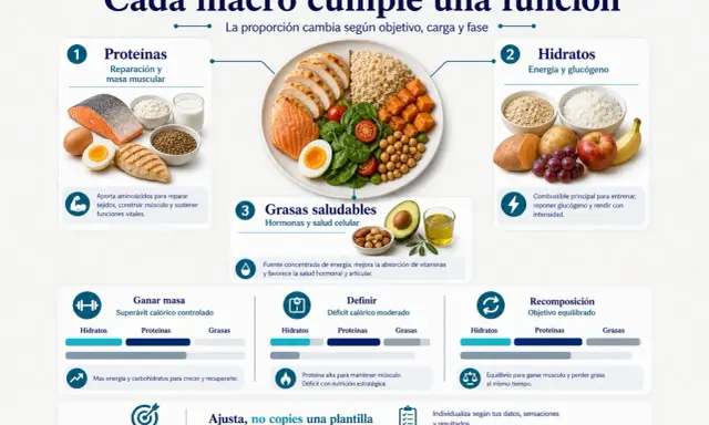 Plato con salmón, pollo, huevo, arroz, batata y aguacate. Guía sobre qué comer después de entrenar, enfocada en proteínas, hidratos y grasas.