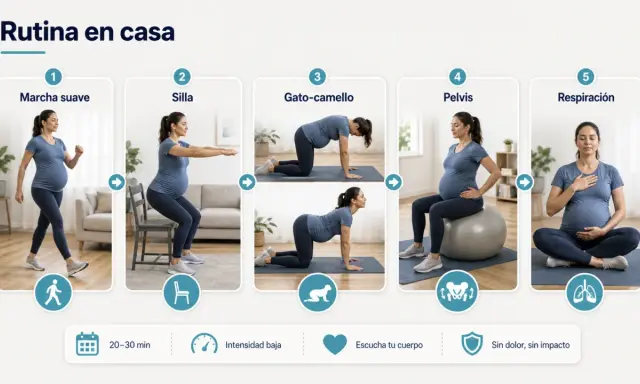 Rutina de entrenamiento para embarazadas en casa: marcha, sentadillas, gato-camello, pelvis y respiración.