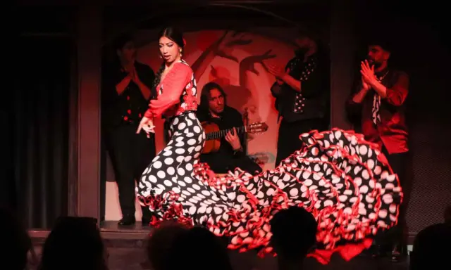 Bailarina flamenca con vestido de lunares, guitarrista y palmas. El sonido flamenco llena el ambiente.