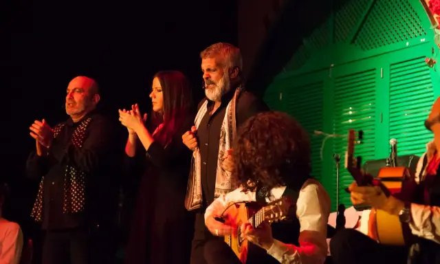 Artistas flamencos andaluces actuales en un escenario, con guitarras y palmas.
