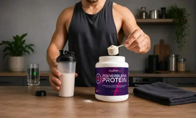 Hombre preparando batido de proteínas. El momento ideal para tomar proteínas es clave para tus objetivos.