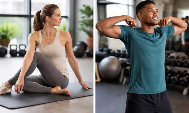 Mujer en yoga para movilidad articular piernas, hombre mostrando bíceps en gimnasio.
