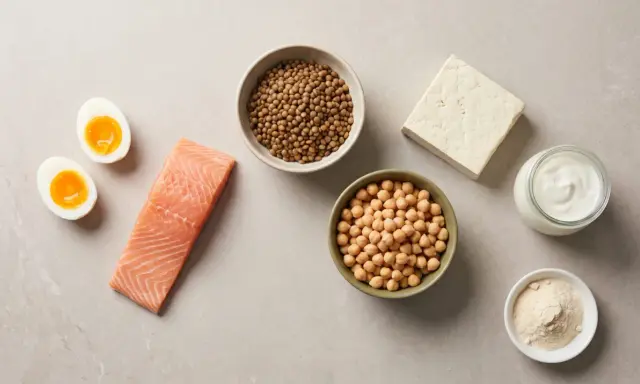 Huevos, salmón, lentejas, garbanzos, tofu, yogur y proteína en polvo. Variedad de alimentos para saber cuanta proteína consumir al día.