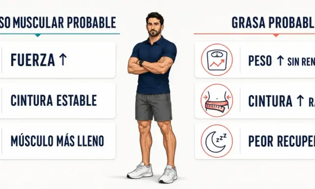 ¿Cómo saber si estoy ganando masa muscular o grasa? Señales: fuerza y músculo lleno vs. peso y cintura subiendo rápido.
