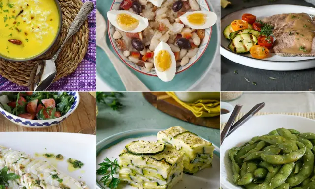 Collage de seis platos: sopa de arroz, ensalada de judías, carne con verduras, pescado al horno, lasaña de calabacín y edamame. Ideas para recetas saludables.