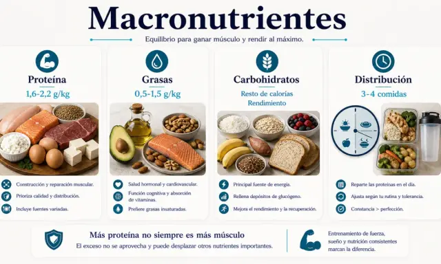 Guía de dieta para perder grasa y ganar masa muscular: proteínas, grasas, carbohidratos y distribución de comidas.