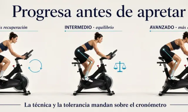 Mujer en bicicleta estática, mostrando progresión en tres niveles: inicial, intermedio y avanzado. Ejemplos de HIIT para mejorar resistencia.