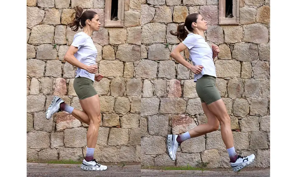 Mujer corriendo a toda velocidad contra un muro de piedra. Su cuerpo muestra la potencia y el dinamismo del correr.