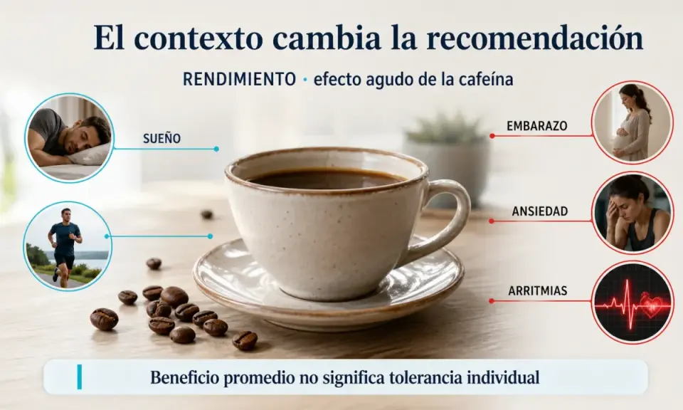 Taza de café junto a granos, con imágenes de un corredor, un hombre durmiendo y una mujer embarazada. El café antes de entrenar puede mejorar el rendimiento.