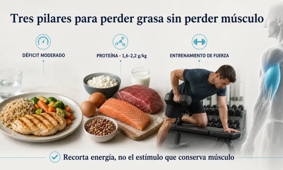 Comida para marcar abdominales: pollo, salmón, carne, huevos, lácteos y frutos secos. Combinado con déficit moderado y entrenamiento de fuerza.