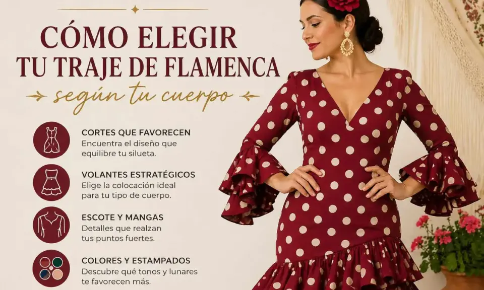 Guía para elegir tipos de trajes de flamenca según tu cuerpo: cortes, volantes, escote, mangas, colores y estampados.