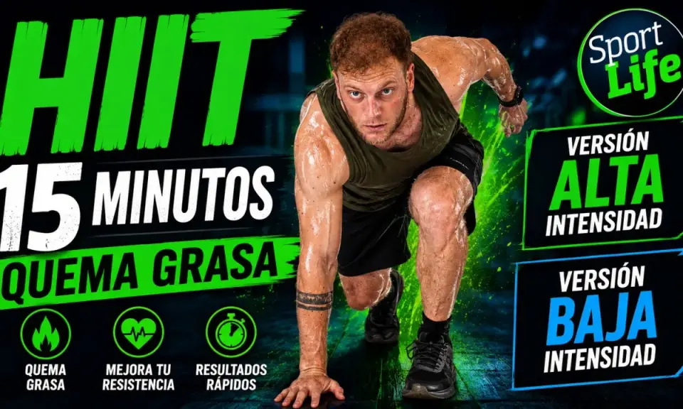 Hombre sudoroso en posición de carrera, listo para un circuito HIIT de 15 minutos. Promete quemar grasa y mejorar resistencia.