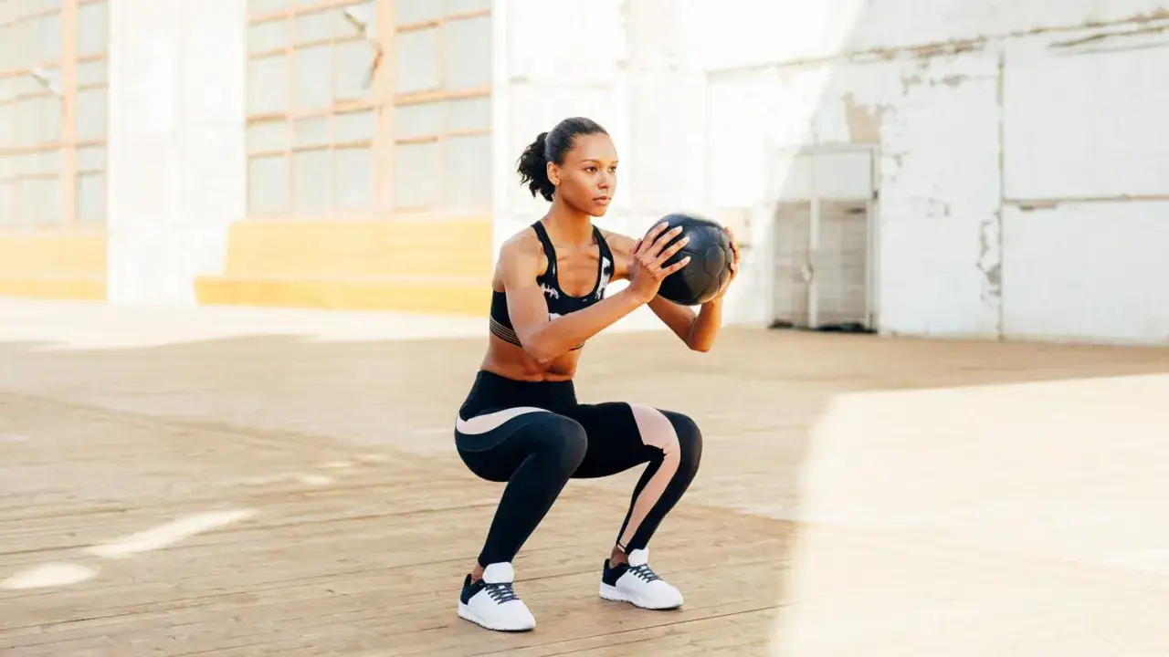 Mujer realizando sentadillas con bal&oacute;n medicinal, parte de su entrenamiento para mujeres.