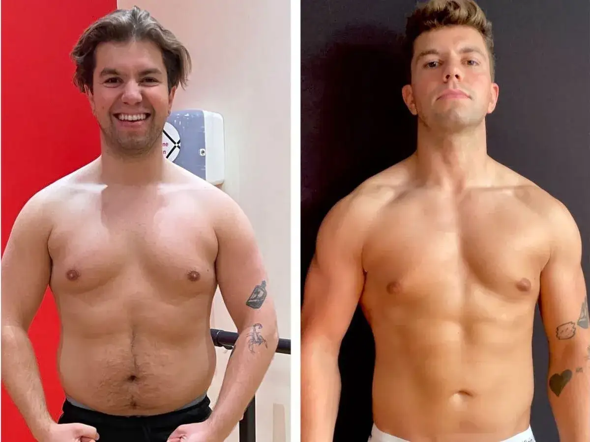 Hombre sonriente antes y despu&eacute;s de una recomposici&oacute;n corporal. Se ve m&aacute;s delgado y musculoso en la segunda imagen.
