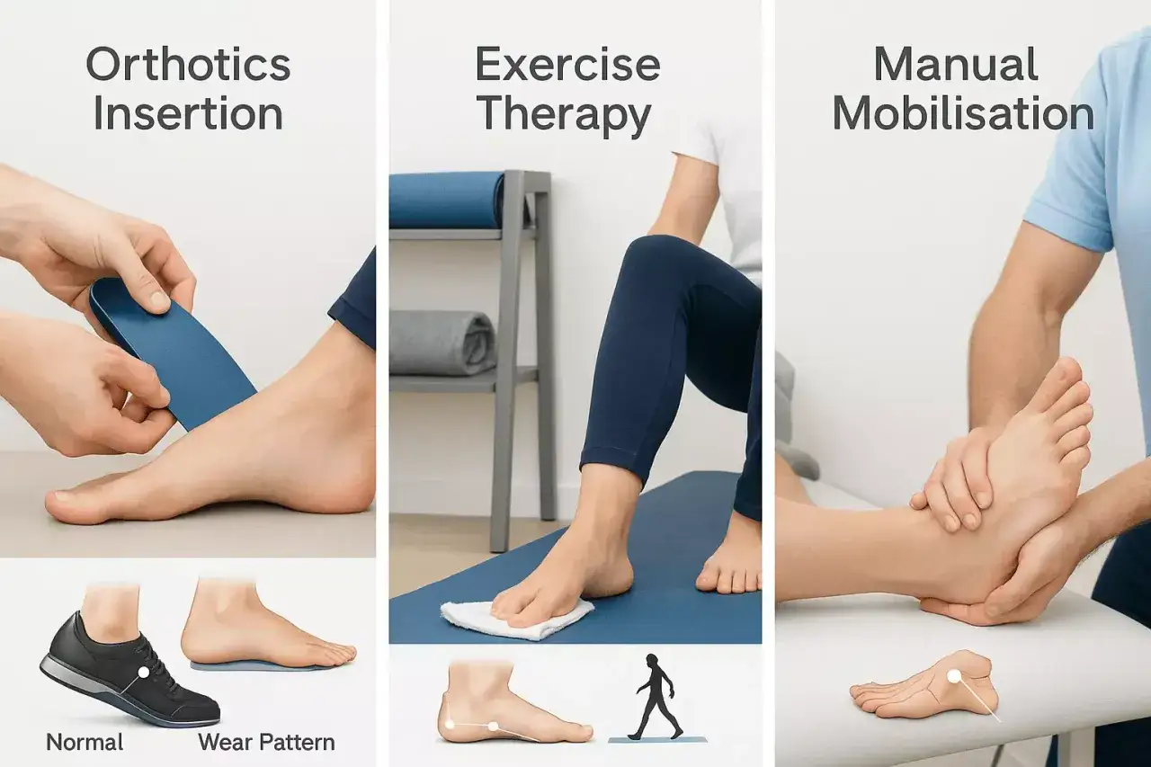 Inserción de plantillas para pie supinador, terapia de ejercicio y movilización manual.